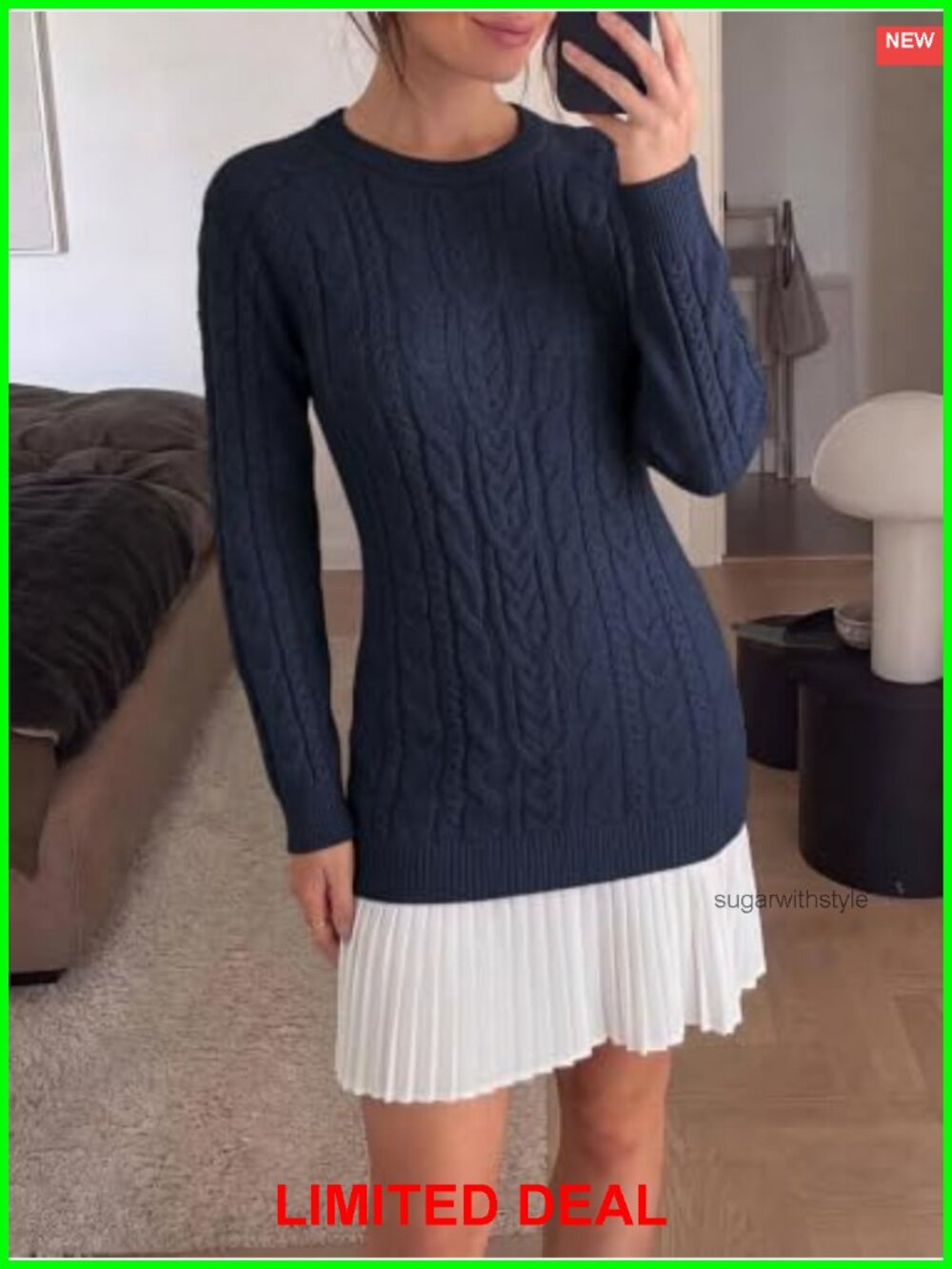 Cable Knit Sweater Dress Long Sleeve Pleated Mini - Picture 2 of 6